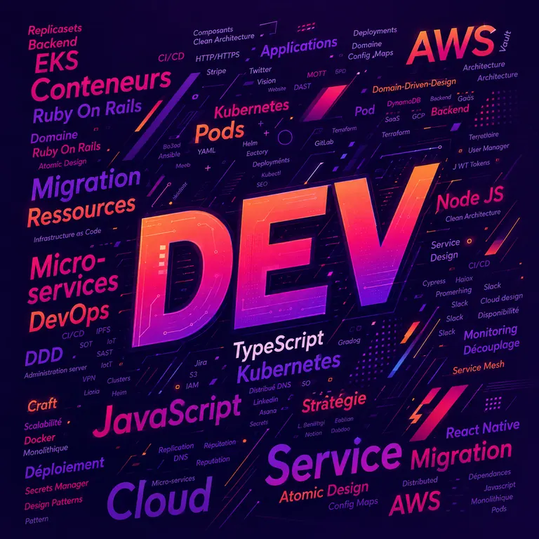 Nuage de mots des technologies Exostic : DEV, TypeScript, JavaScript, Node.js, Kubernetes, AWS, DevOps, microservices, DDD